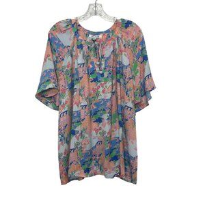 Rose + Olive Floral Short Sleeve Blouse Shirt Womens 2X Blue Pink New